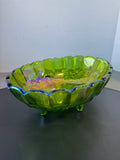 (A) Indiana Glass Vintage Green Carnival Glass Harvest Grape Footed Fruit Bowl