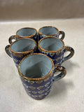 Set Of 5 Brown And Blue Coffee Mugs Made In Tonala Mexico