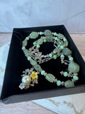 Double Layered Green Gemstone Beaded Necklace with Floral Pendant & Earrings Set
