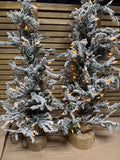 Flocked Light Up Christmas Trees In Burlap Sack - Pair WORKS (Not Fluffed All The Way)