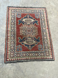E-Hand Knotted Woollen Carpet, Coral/blue tones, 36"x27". Made in Pakistan.