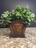 Vintage Hammered Brass Footed Container with Faux Ivy