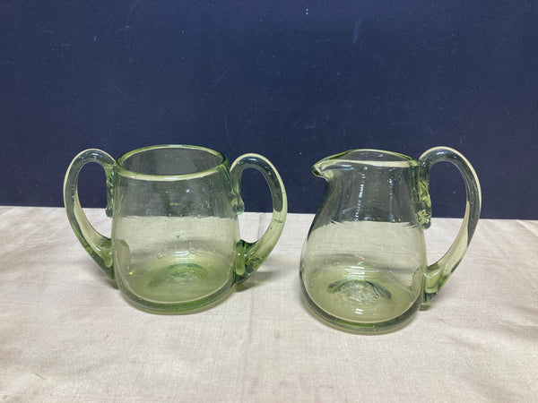 Blown Green Glass Sugar Dish and Creamer Set