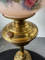 Pink Fenton Burmese Style Brass Lamp with Hand Painted Signed Floral Shade (WORKS)