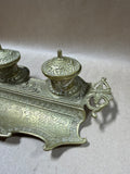 Ornate Brass Desktop Double Inkwell Set - Made In Belgium // READ DESCRIPTION