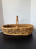 Oval Woven Wicker & Straw Hand Basket with Poinsettia Porcelain Handle