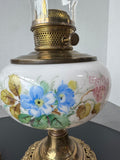 Pair of Vintage Milk Glass & Brass Floral Hand Painted Electric Converted Oil Hurricane Lamps AS IS (READ DESCRIPTION CAREFULLY)