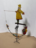 Folk Art Metal Fishing Balancing Sculpture Fisherman Fish Whirligig Decor VIDEO