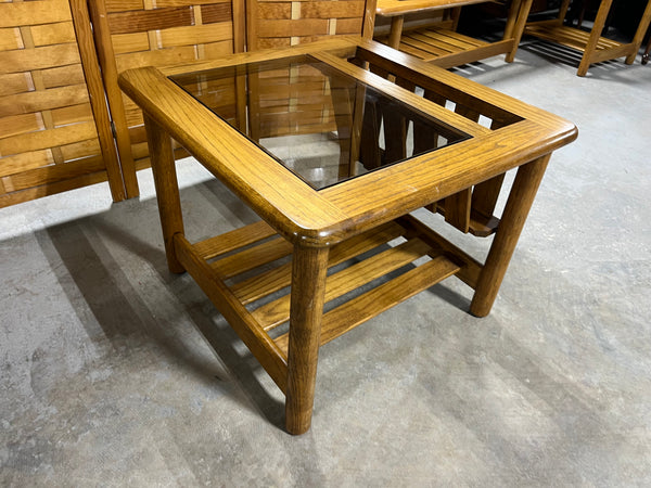 Oak Tone and Glass End Table with Magazine Rack