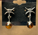 Silver Tone Earrings with Amber Bead