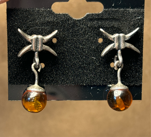 Silver Tone Earrings with Amber Bead