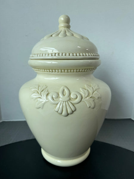 Large Cream Colored Embossed Ceramic Urn