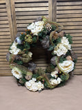 Rustic Woodland Wreath – With Cream Flowers, Pinecones & Greenery