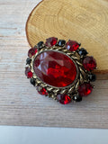 Ruby Red & Black Faceted Beaded Oval Gold Tone Brooch