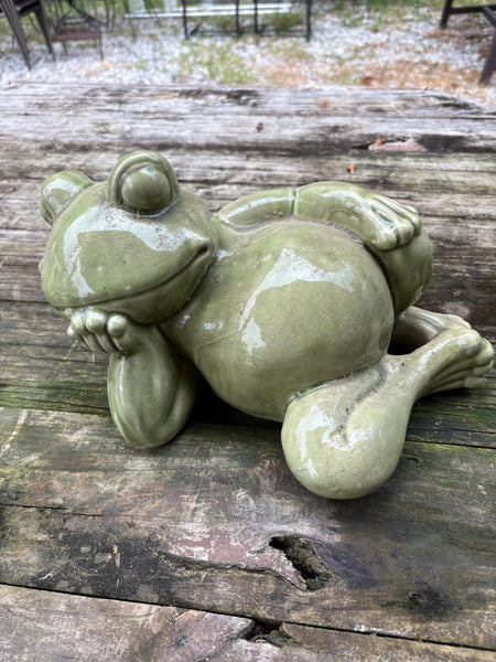 Green Ceramic Frog Garden Statue