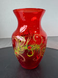Holly Berries Hand Painted Red Glass Vase
