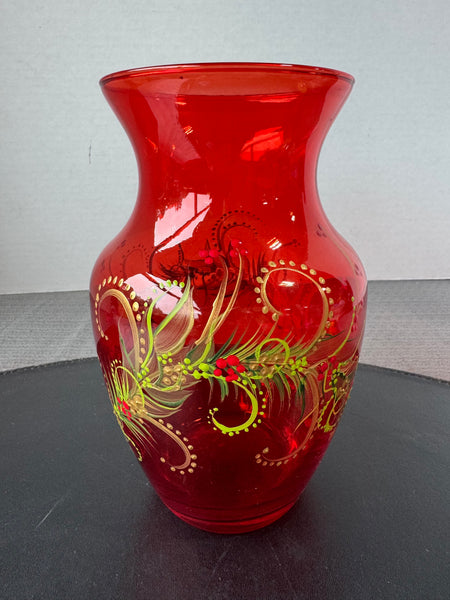 Holly Berries Hand Painted Red Glass Vase