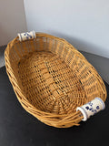 Oval Woven Wicker Basket with Blue & White Floral Porcelain Handles