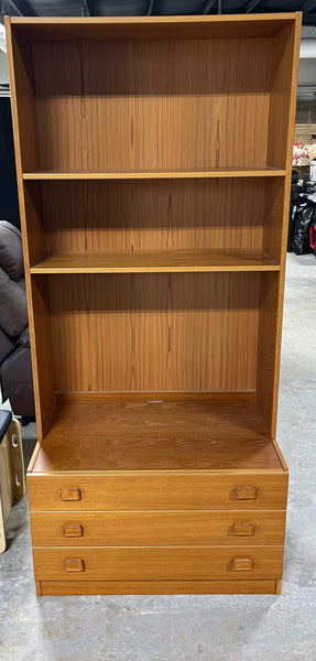 Denka Teak Veneer Mid Century Modern Three Drawer Cabinet with Bookcase Hutch