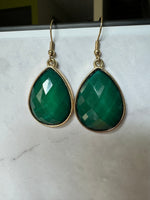 Green Faceted Teardrop Gold Tone Earrings