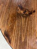 Round Table with (2) Leaves and (4) Ladder Back Chairs, with Plaid Seat Cushions.