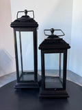 Pair of Heavyweight Black Metal & Glass Lanterns
