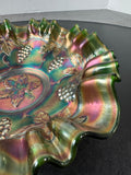 Fenton Grapes Vintage Green Carnival Glass Ruffled Bowl