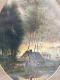 Vintage Landscape Painting with Cabin & Pond