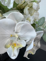 Assorted White Faux Florals in Silver Tone Textured Planter