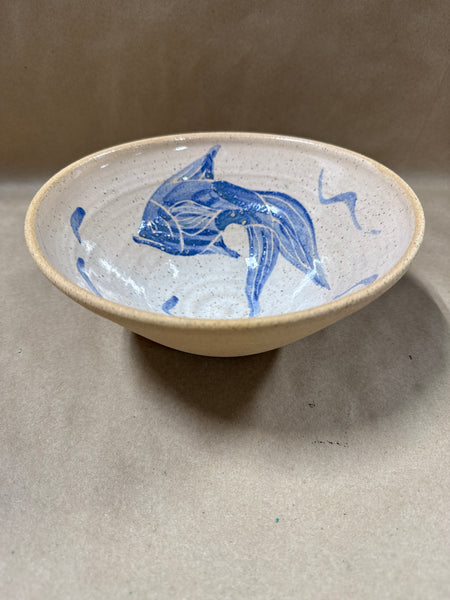 Pottery Bowl With Blue Fish Design Inside