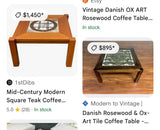 Danish Mid Century Modern Teak Coffee Table with Tile Top by OX ART, 2 Available, PRICED INDIVIDUALLY, $695 Each