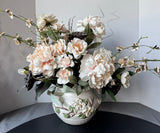Faux Peony Arrangement in Magnolia Embossed Ceramic Planter