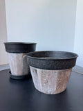 Pair of India Metal & Faux Wood Plank Planters with 1 Saucer