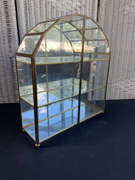 Arched Vintage Brass & Glass Mirrored Hanging or Standing Curio Cabinet