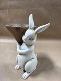 Shabby Chic White Bunny Rabbit Statue with Horn Basket Trinket Holder