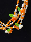 Orange, White & Green Beaded Necklace with Flowers