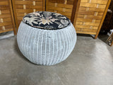 White Wicker Round Ottoman with Cushion