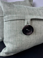 Pair of Green Tweed Feather Throw Pillows with Button Accents