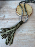 Chicos Faux Purple Pearl & Green Beaded Necklace with Green Velvet Tassel