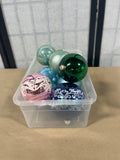 Glass Ornament Lot, 9 pc, blue/pink/green tones