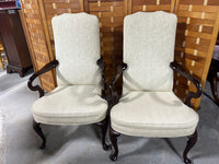 Queen Anne Style Arm Chairs with Cream Tone Fabric with Alphabet Embossed Design, (2)