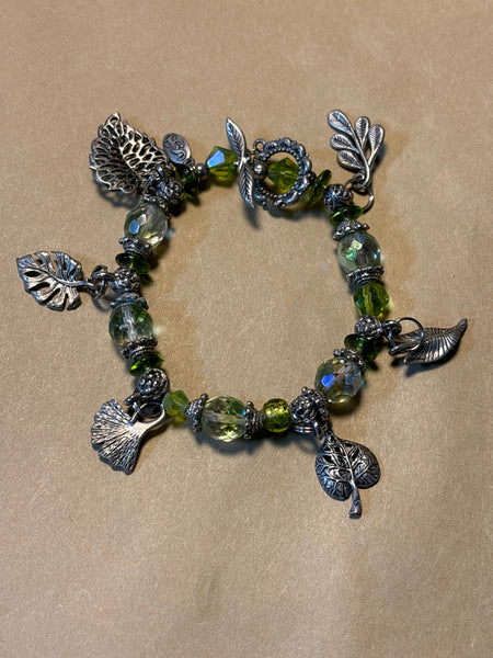 Silver Bracelet with Green Beads & Leaf Charms