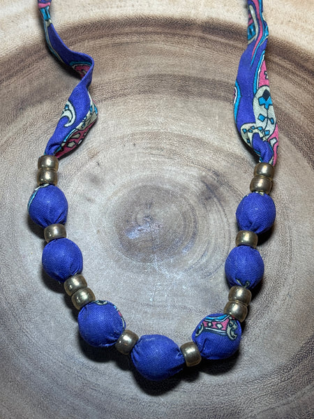 Purple Fabric Necklace with Gold Bead Accents