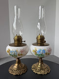 Pair of Vintage Milk Glass & Brass Floral Hand Painted Electric Converted Oil Hurricane Lamps AS IS (READ DESCRIPTION CAREFULLY)