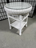 White Wicker Round Side Table with Glass