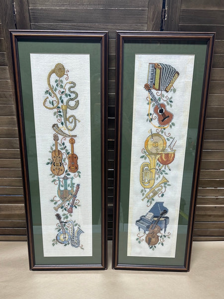 Pair of Cross Stitched Musical Instrument Panels