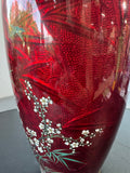 Japanese Ginbari Cloisonne Red Cherry Blossom & Birds Vase