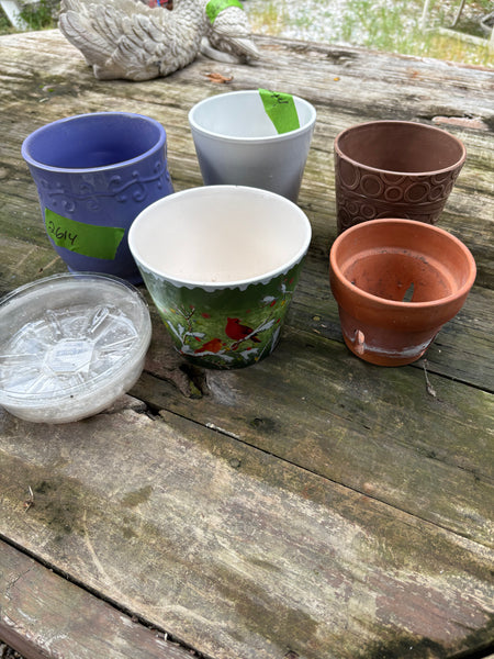 (G)Lot of Five Planters and Six 6” Plastic Saucers