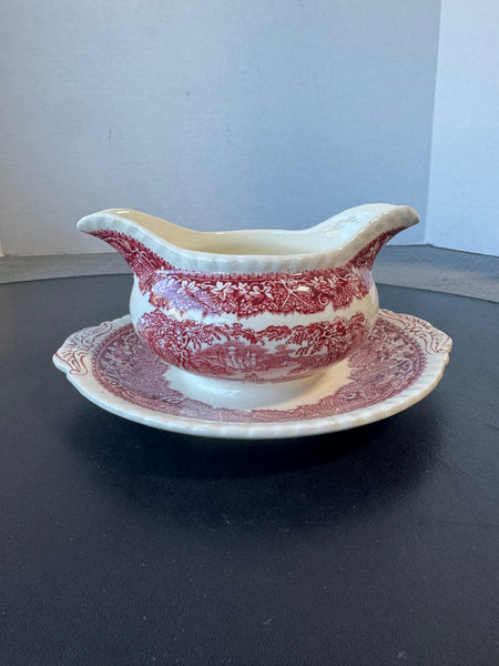 (FF) Mason’s England Vista Pink China Round Gravy Boat with Attached Saucer