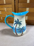 Enameled Palm Tree Pitcher And Oval Serving Bowl